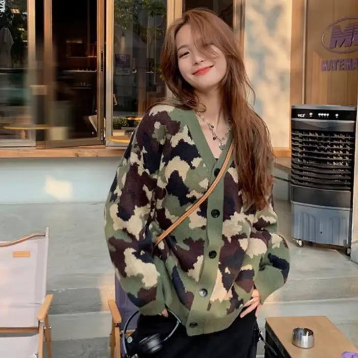 Cardigan de Camouflage vert militaire pour femmes, coupe ample, polyvalent, nouvelle collection auto