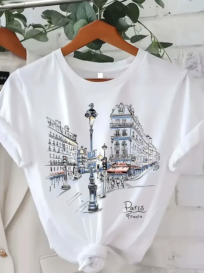 T-shirt imprimé Paris Street pour femmes, manches courtes, col rond, haut décontracté avec motif Tou