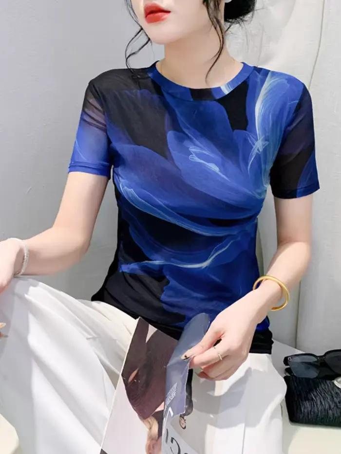 T-shirt d'été en maille pour femme, haut en maille mince, haut à fleurs imprimées, t-shirts élastiqu