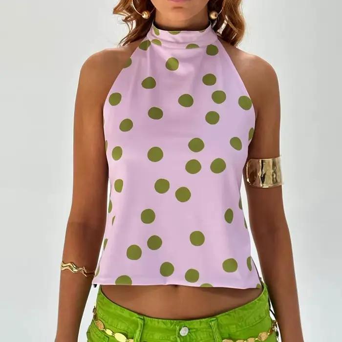 Débardeur col licou pour femmes Y2k, imprimé graphique Boho, dos nu, Vintage, sans manches, à nouer,