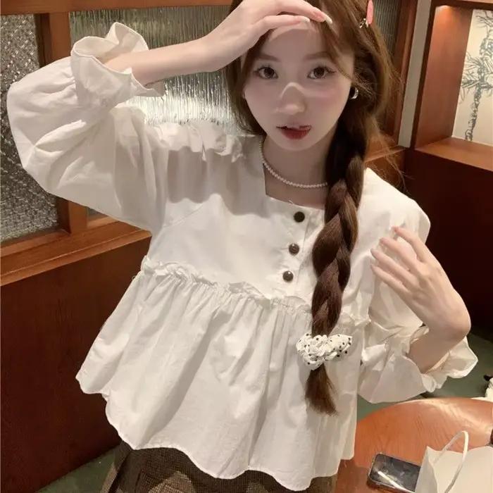 Blusas Femininas Elegantes col carré bouton chemises et chemisiers Camisas De Mujer haut blanc ample