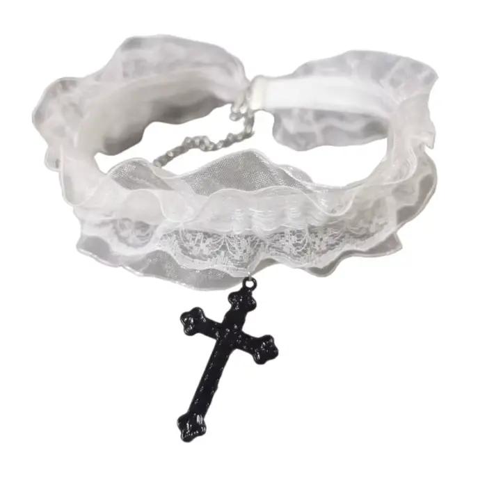 Collier croisé en dentelle gothique pour femmes filles, ras du cou, breloque tempérament