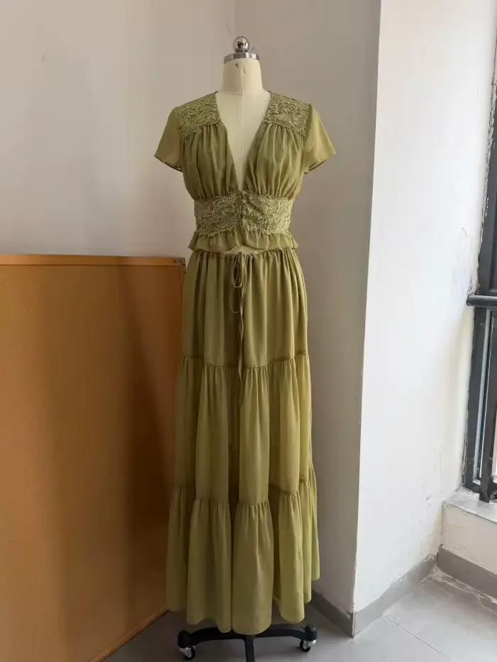 Ensembles coordonnés pour femmes de couleur verte, chemisier en résille transparent avec des bords à