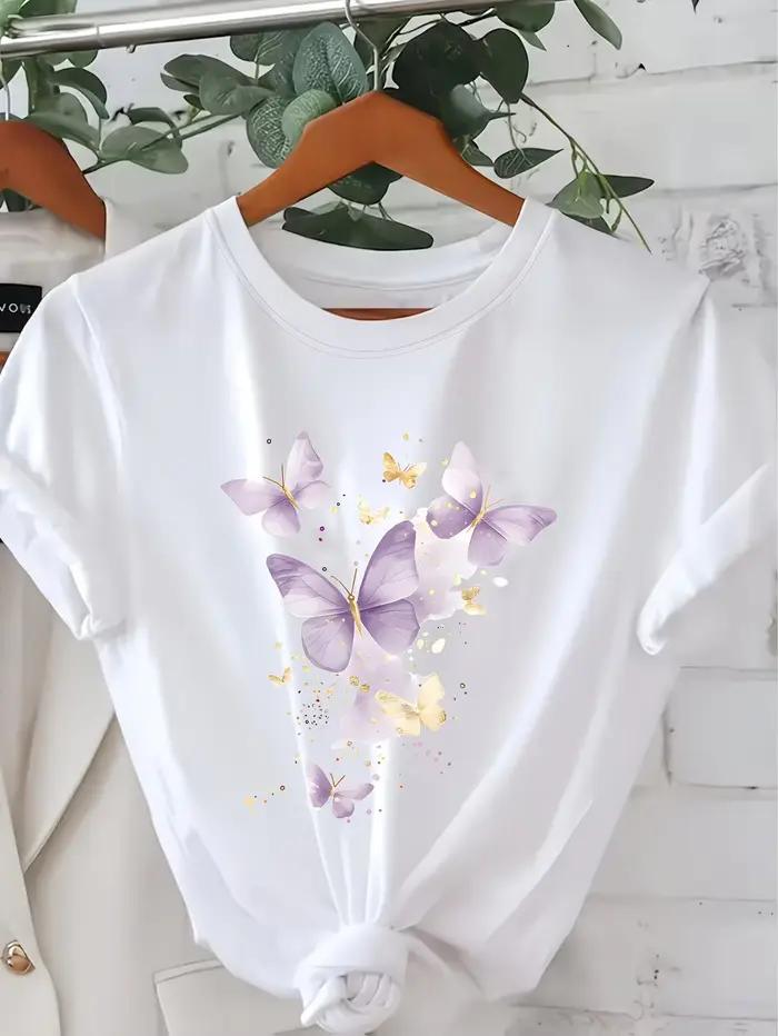 T-shirt à manches courtes imprimé papillon - Blouse décontractée à col rond pour l'été - Haut idéal 