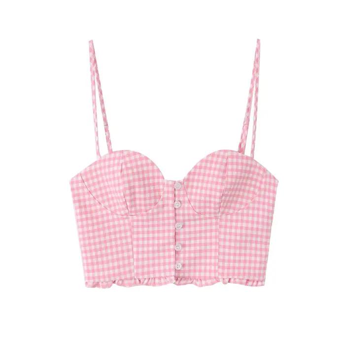 HH Haut court slim pour femme, style bohème romantique, rose à carreaux, col cœur, boutons sur le de