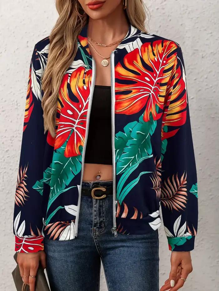 Blouson bombardier zippé pour femme, imprimé feuilles tropicales vibrantes, décontracté, tendance et
