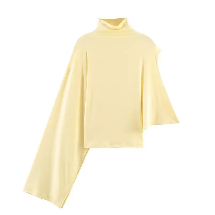 HH Femme 2026 Printemps Mode Haut Polyvalent à Col Montant et Drapé Asymétrique Élégant Coupe Slim S