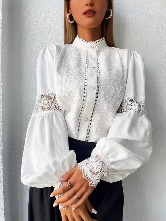Chemisier blanc en dentelle pour femme, élégant, uni, décontracté, avec dentelle et boutons, manches