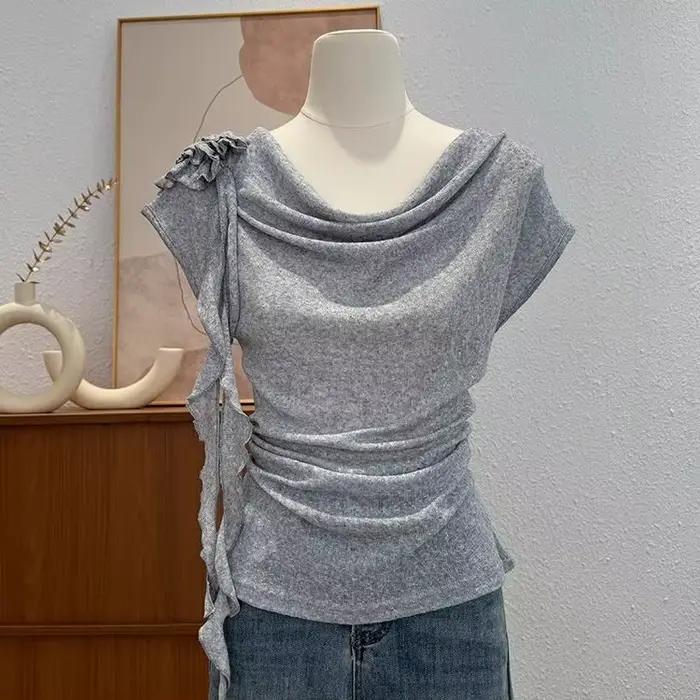 T-shirt sans manches pour femmes en été, mode, col banderole de fleurs à volants, manches courtes pl