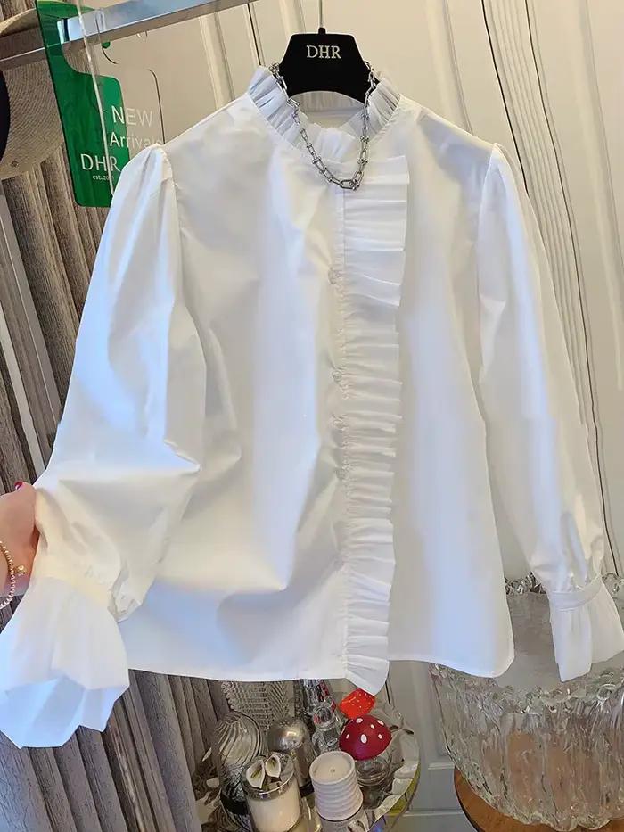 Chemisiers pour femmes mode 2026 Chemise blanche français à volants col montant ample à manches long
