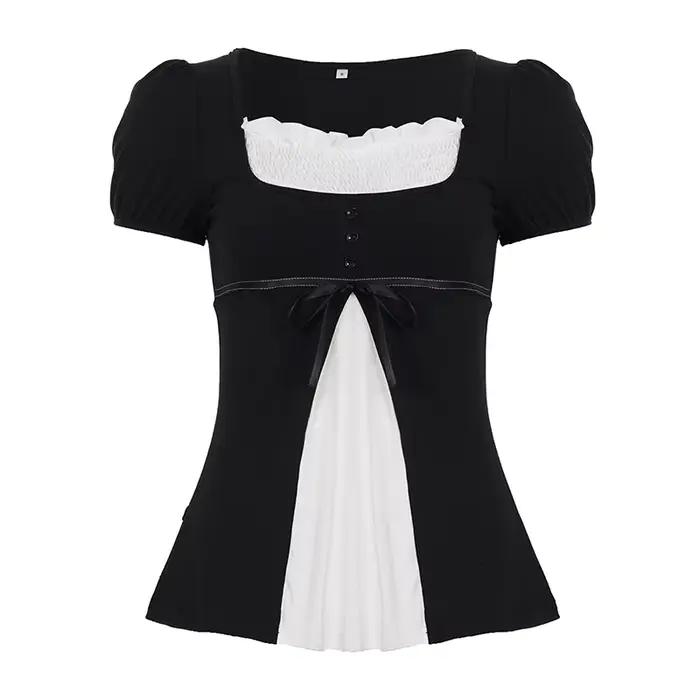 [RUOKE] Blouse décontractée Y2K contrastée pour femme, col carré, manches bouffantes, nœud, coupe aj