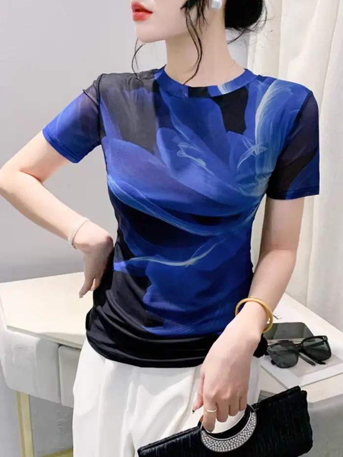 T-shirt d'été en maille pour femme, haut en maille mince, haut à fleurs imprimées, t-shirts élastiqu