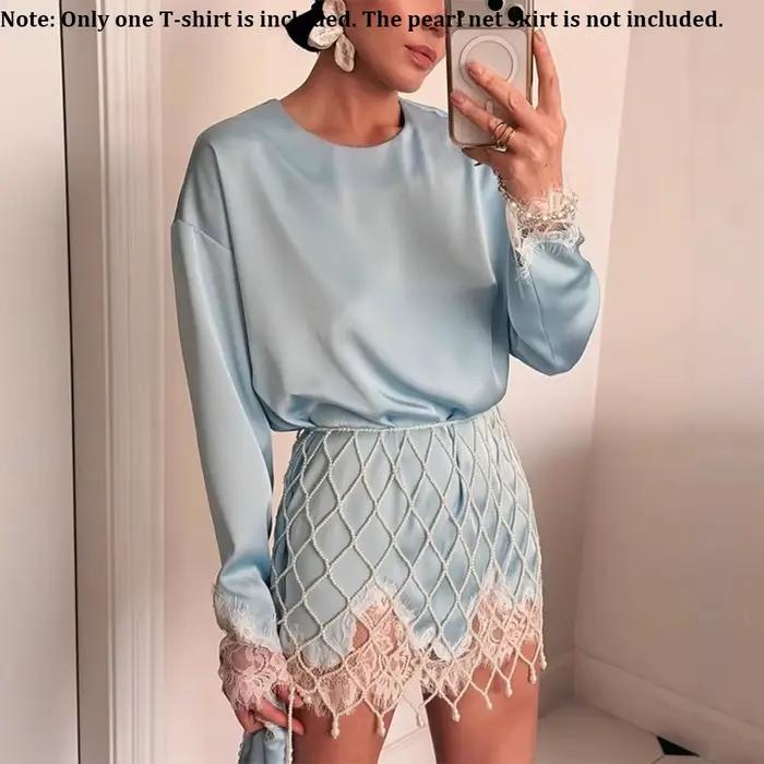 Robe décontractée minimaliste en satin et dentelle pour femme, coupe ample, col rond, manches longue