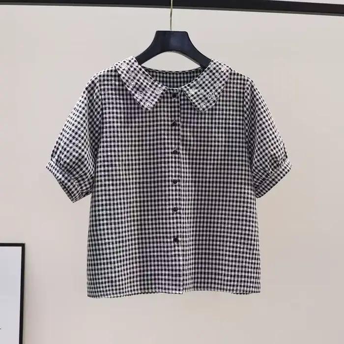 Chemise en coton à manches courtes pour femmes, à carreaux, brodée de fleurs