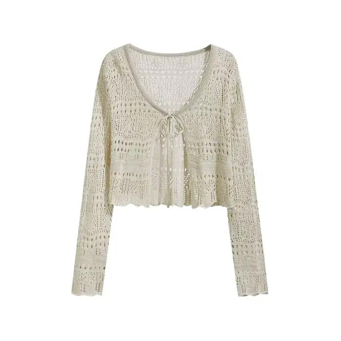 Cardigan en tricot crocheté pour femme, ajouré, à manches longues, à nouer sur le devant, court, sty
