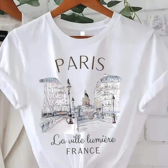 T-shirt imprimé Paris pour femme, haut décontracté à manches courtes et col rond pour l'été et le pr