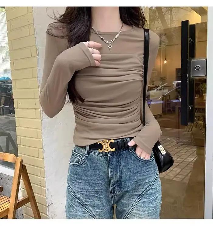 T-shirt à manches longues en maille épissé, vêtements d'intérieur à la mode, doux et beau, chemise à