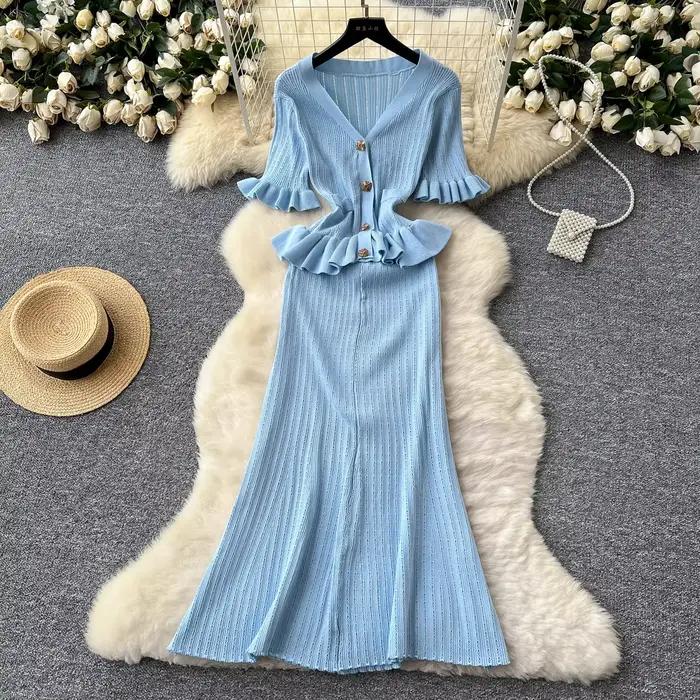 YuooMuoo marque mode femmes deux pièces ensemble élégant col en v à volants hauts tricotés et hanche