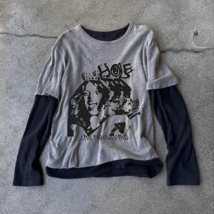 Haut en coton à manches longues pour femmes, mode Y2k, avec motif Harajuku imprimé hip-hop, faux hau