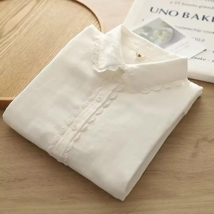 Chemise en fil de coton à manches longues pour femmes, chemisiers décontractés, dentelle à revers, b
