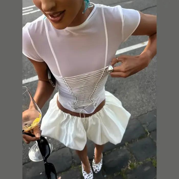 T-shirt Corset Chic pour Femme à Manches Courtes, Col Rond, Taille Cintrée avec Lacets, Haut Féminin