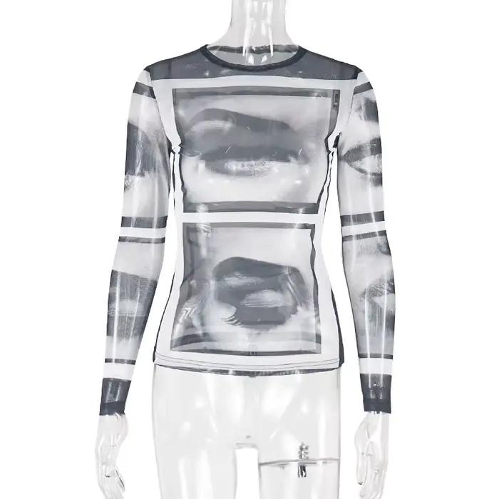 T-shirts pour femmes à imprimé yeux, en gaze transparente, col rond, manches longues