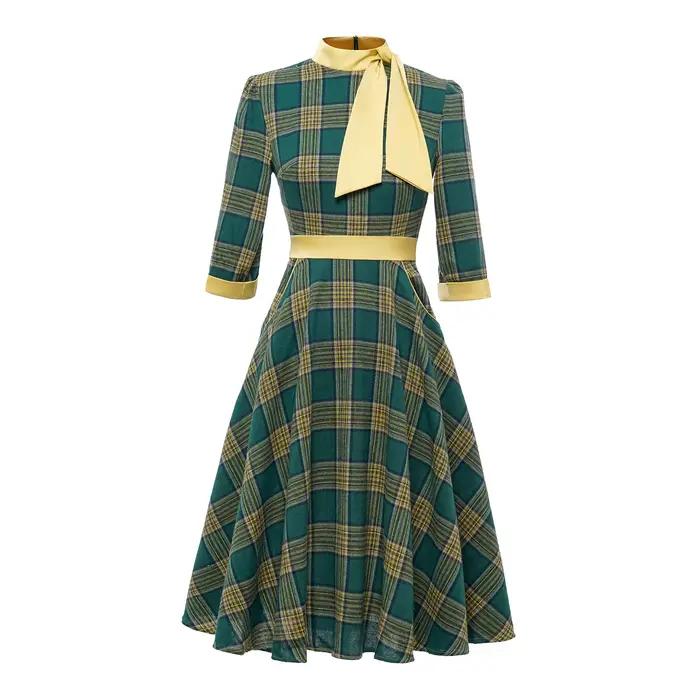 Robe élégante à carreaux verts pour femme, col montant avec nœud, style vintage, demi-manches, coupe