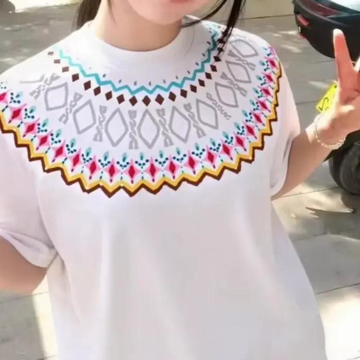 T-shirt ample à manches courtes pour femme, style décontracté d'été, design américain, col rond poly