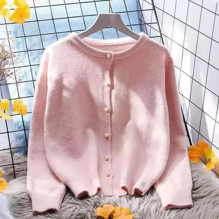 Cardigan court à col rond pour femme, pull en tricot à manches longues, pull en Y pour femme, rose, 