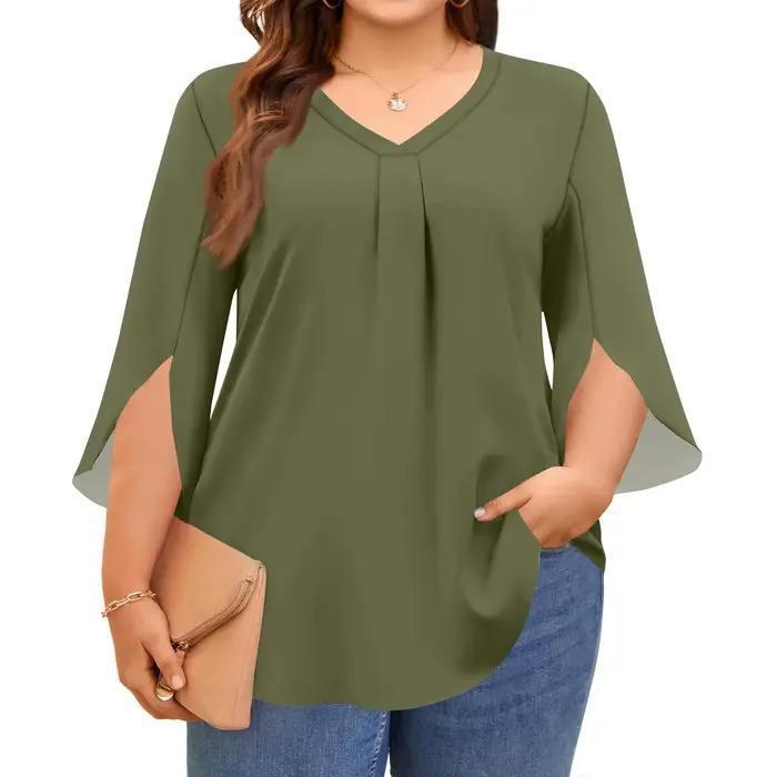 Grande taille hauts pour femmes col en v manches 3/4 couleur unie petit haut élégant pétale manches 