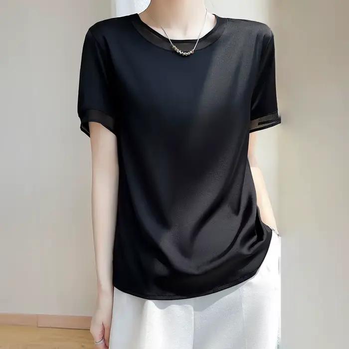T-Shirt manches courtes col rond pour femme, décontracté et ample, couleur unie, avec dentelle sur l