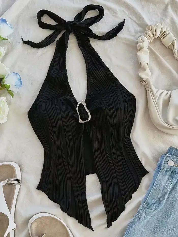 Haut court Sexy à col en v pour femmes, col licou, sans manches, couleur unie, dos nu, vêtements Y2K