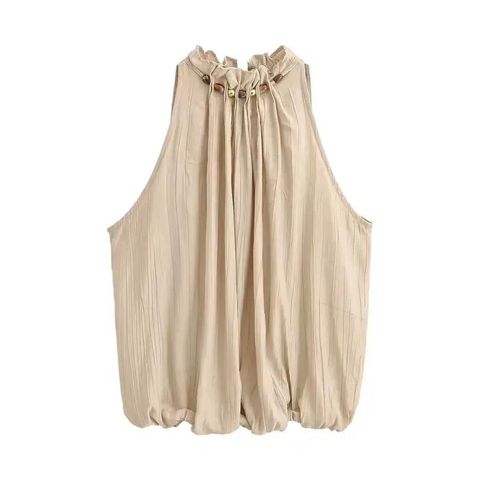Ensemble élégant pour femme : haut plissé perlé sans manches à col semi-montant et pantalon ample co