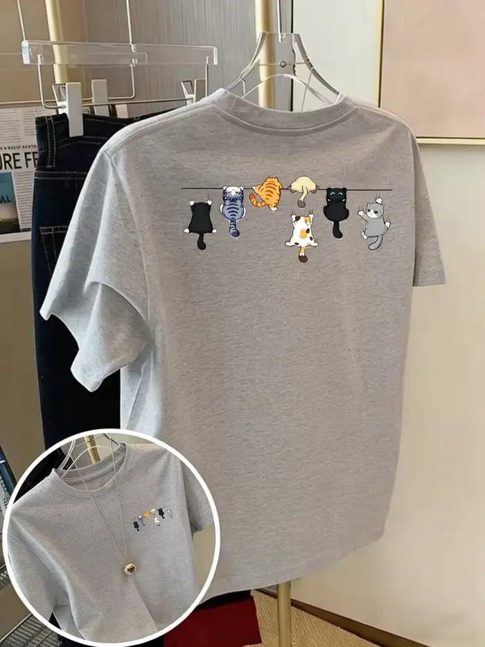 T-shirts imprimés chats de dessins animés pour femmes, en coton, col rond, coupe oversize, manches c
