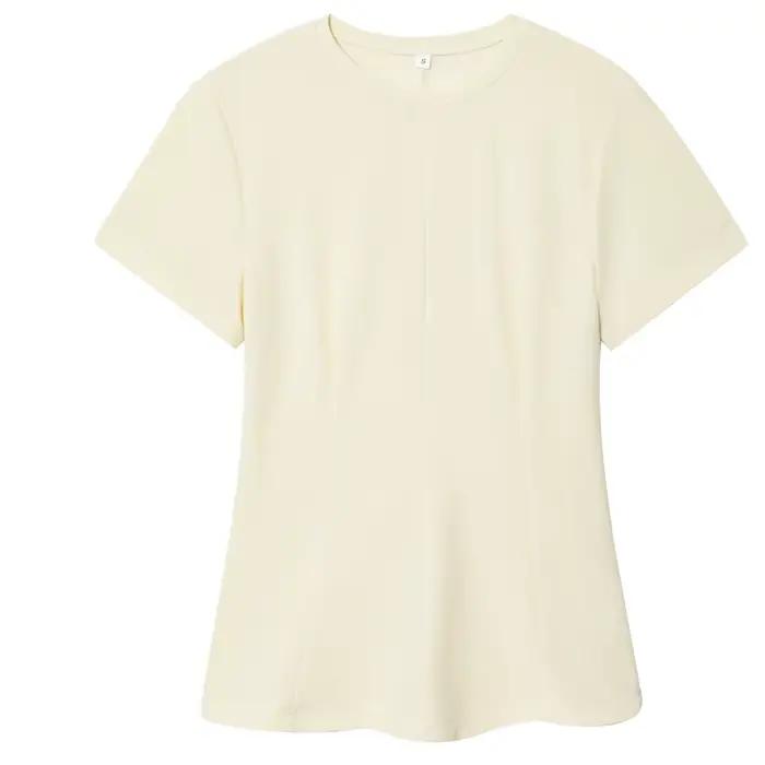 T-shirt plissé élégant pour femme, beige et violet, à manches courtes, amincissant, nouvelle collect