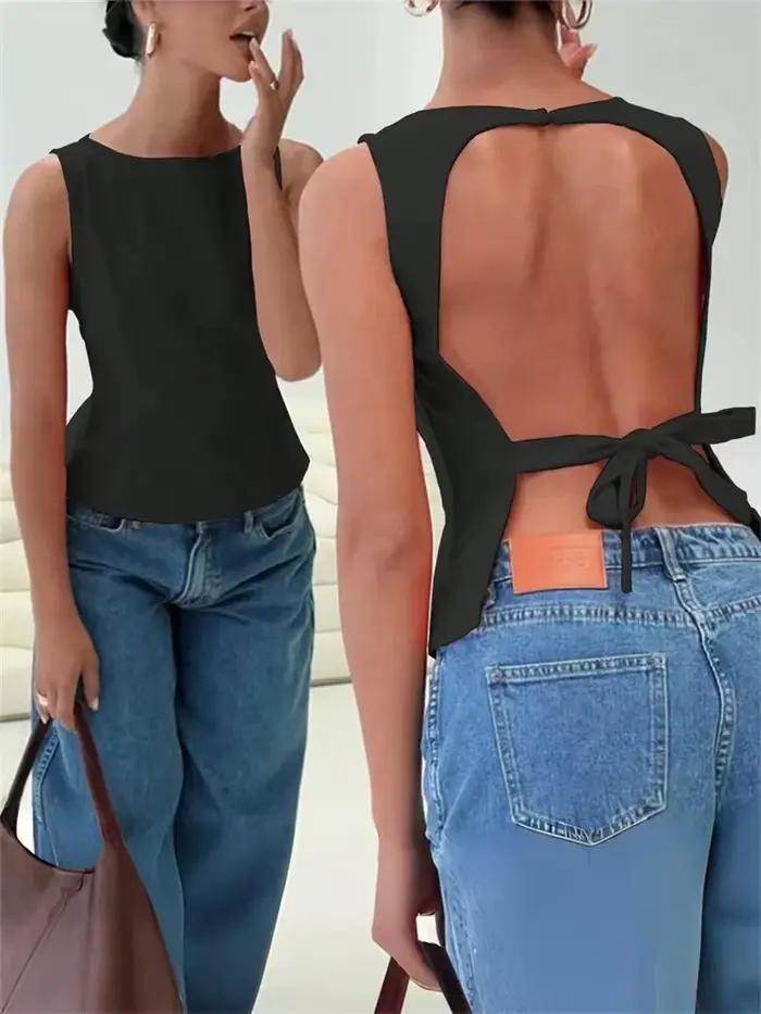 Débardeur dos nu Sexy pour femmes, couleur unie, pour Club d'été, sans manches, nœud, t-shirt dos nu