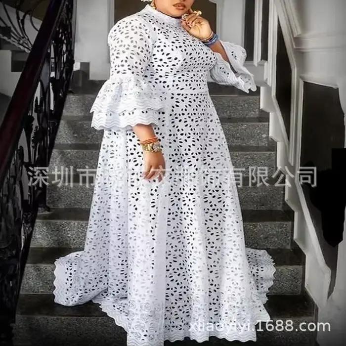Robe longue blanche pour femme, manches évasées, col rond, taille haute, en dentelle, élégante, pour
