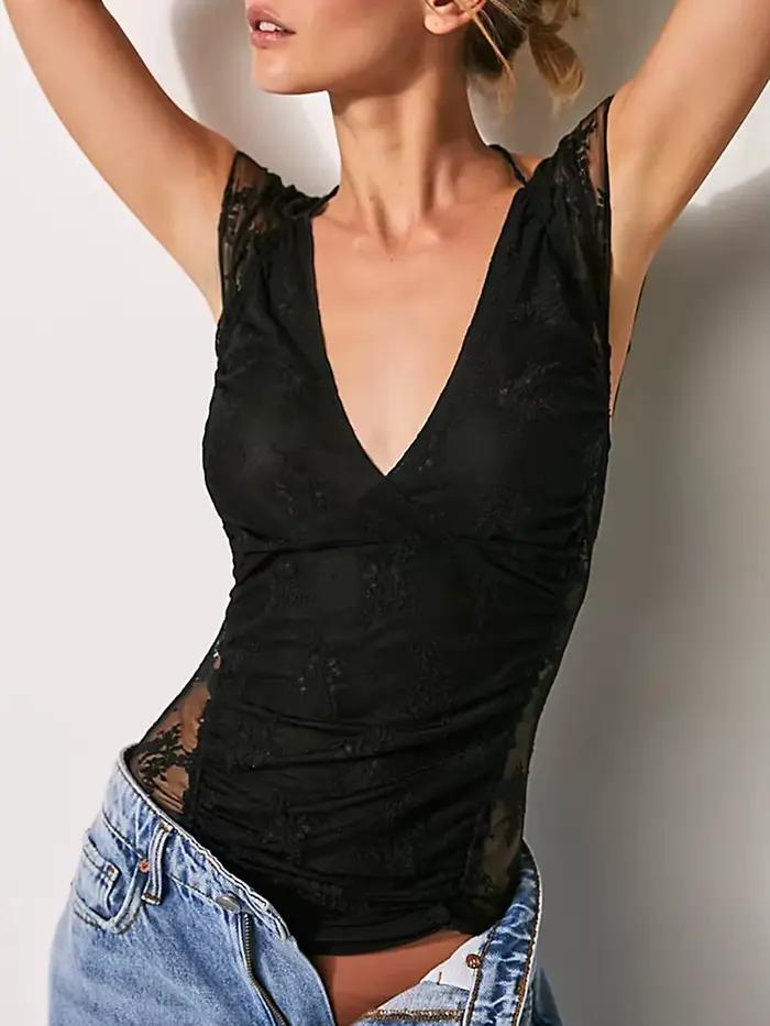 T-shirt en dentelle florale dos nu pour femme, maille transparente dégradée, coupe couvertes, street