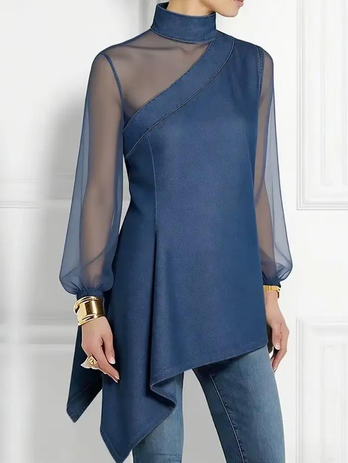 UOOZEE Blouses en maille transparente imitation jean pour femme, nouvelle mode 2026, ourlet asymétri