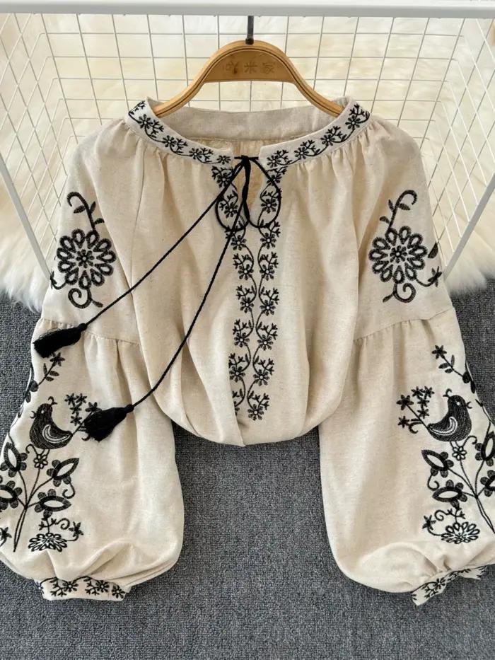 Boho été Blusas De Mujer à lacets col rond manches bouffantes broderie florale femme Blusas Feminina