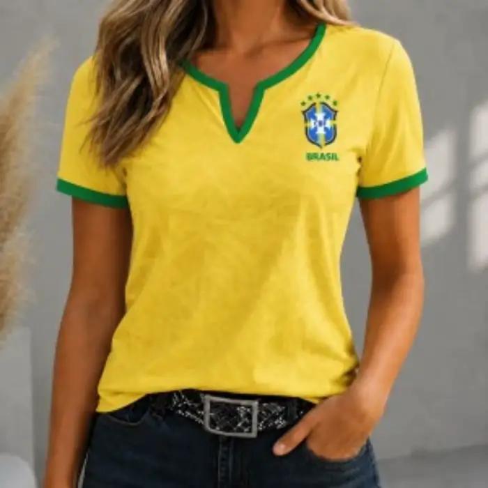 T-shirt décontracté à manches courtes pour femme, col en V, bordure contrastante, multicolore, pour 