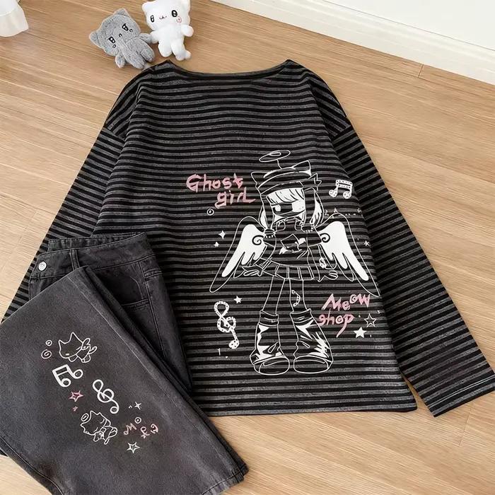 T-shirt manches longues femme imprimé ange fille, rétro rayé, mode dessin animé, ample, surdimension