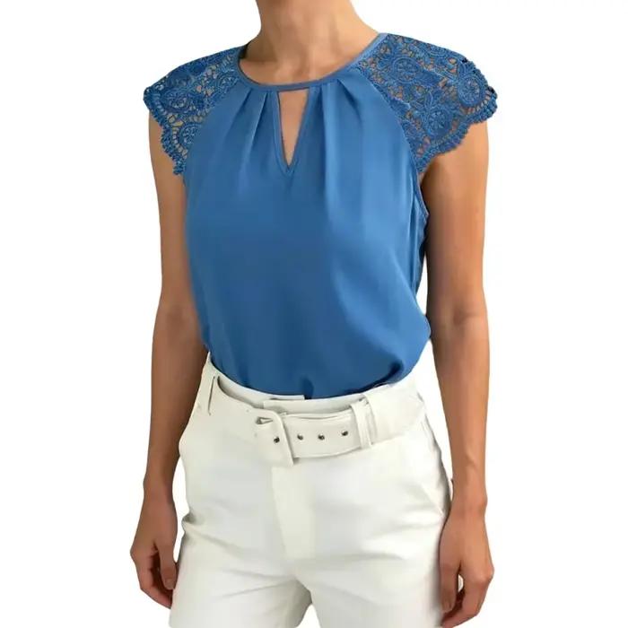 Débardeur Femme Printemps-Été Bleu Royal avec Dentelle et Encolure Goutte d'Eau, Blouse Sans Manches