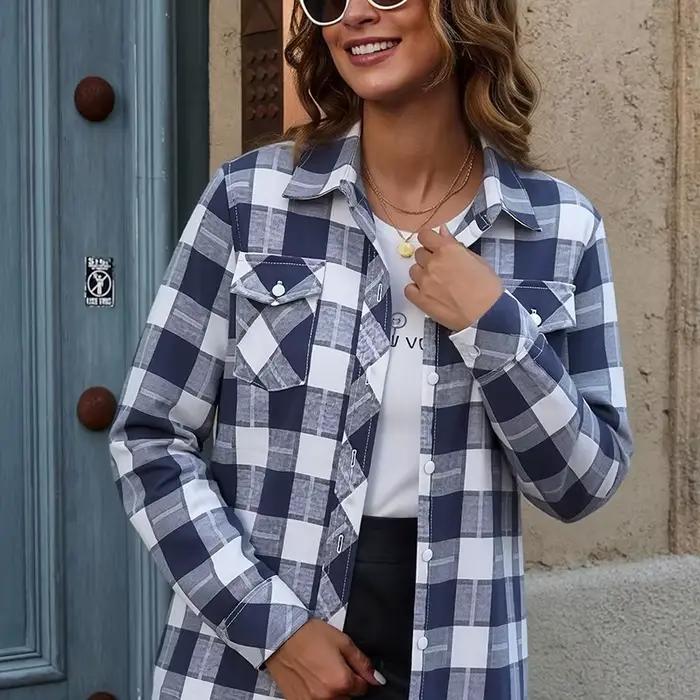 Chemise en flanelle à carreaux pour femmes, chemisier décontracté à manches longues boutonné, coupe 