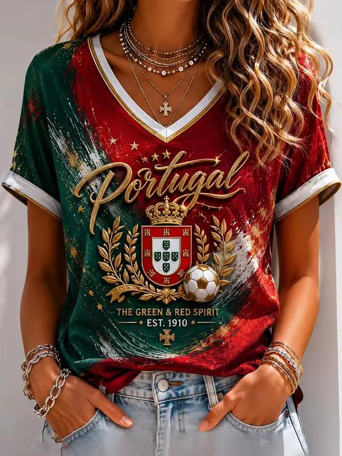 T-shirt imprimé col en V pour femme, football portugais, T-shirt culturel footballistique