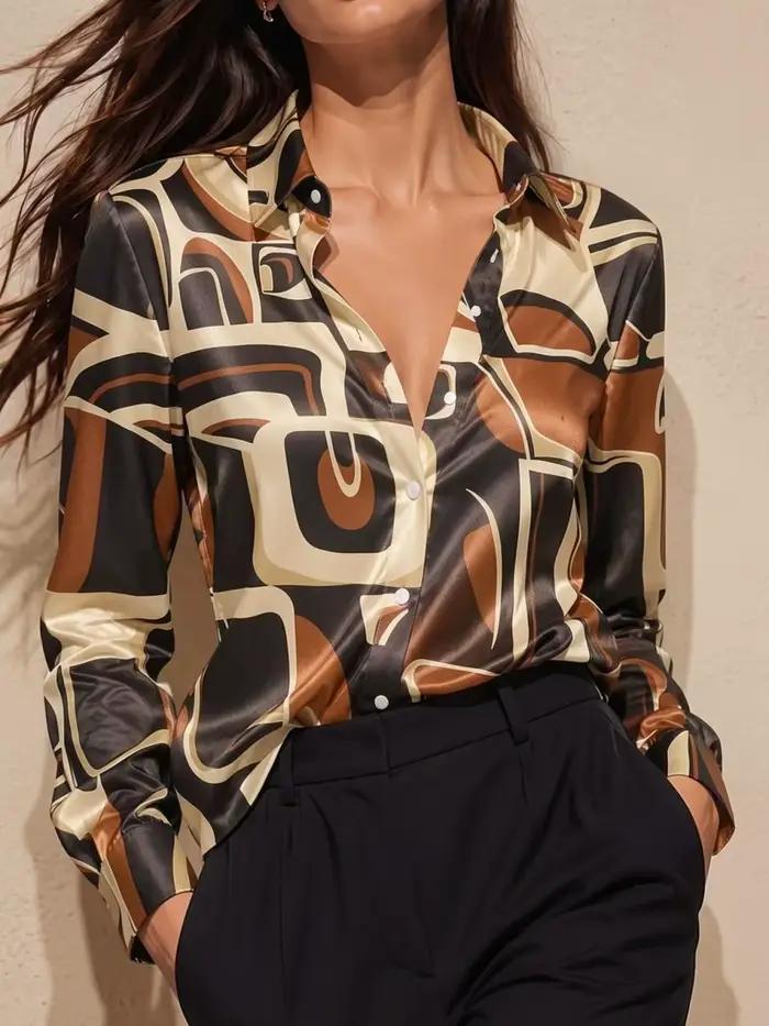 Chemisier Chic Monochrome en Satin pour Femme, Manches Longues, Boutonné, Effet Soie, Col Revers, Co