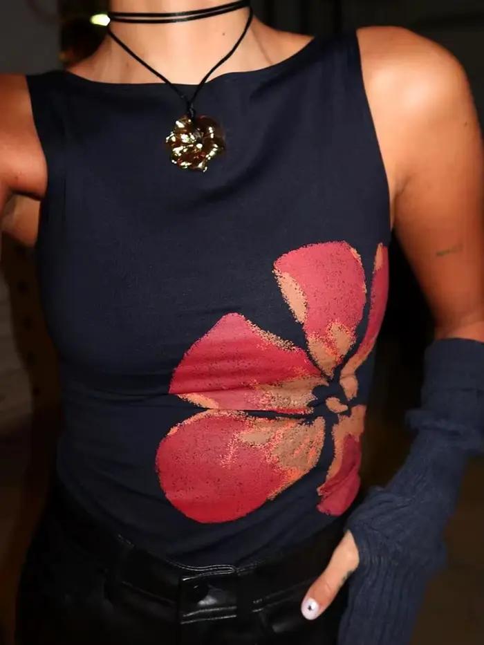 Débardeur court imprimé floral pour femmes, ajusté, col bateau, sans manches, haut d'été pour fête, 