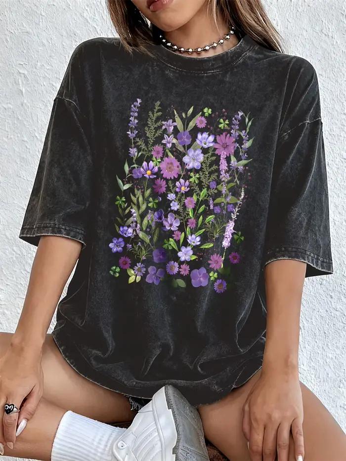 T-shirts pour femmes en coton à manches courtes, imprimés de fleurs aquarellées violettes, style str