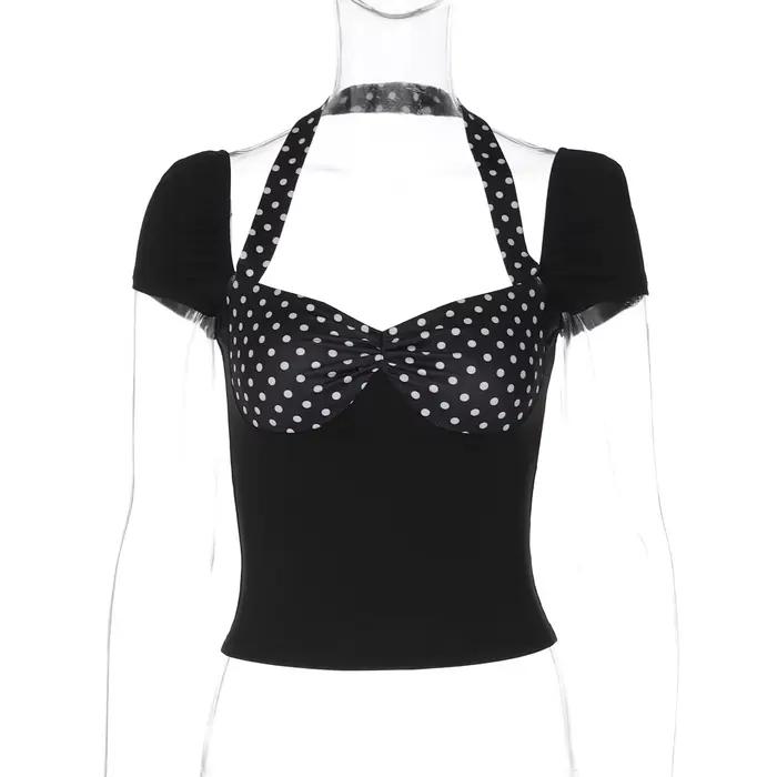Haut dos nu à manches courtes et col licou, t-shirt patchwork à pois