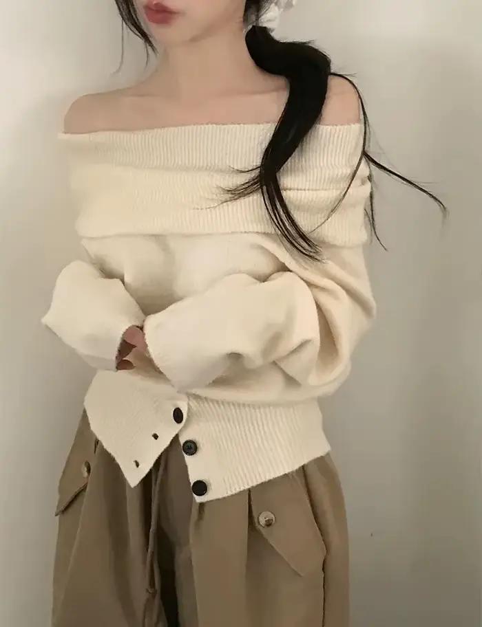 Pull à épaules dénudées, manches longues, boutons, haut tricoté avec épaules ouvertes, pulls élégant
